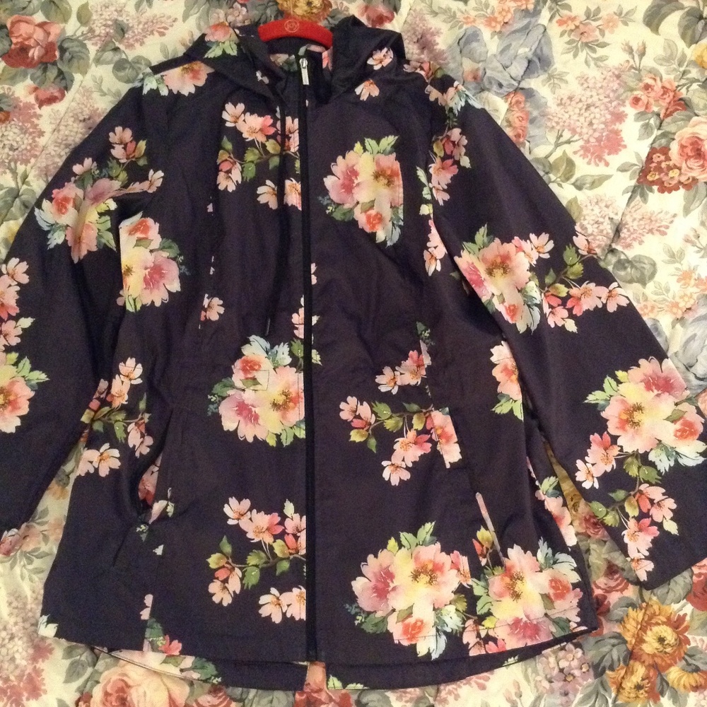 Susan Graver Black and Floral Windbreaker Packable Jacket With Hood And Pockets